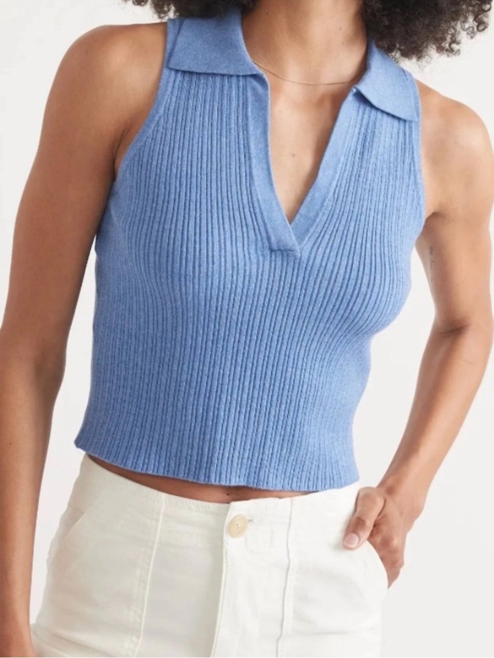 Marine Layer Periwinkle  Rayon Ribbed Sleeveless Polo Tank